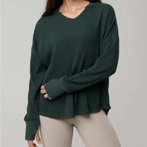 Offline By Aerie Wow! Waffle Notch Neck Women’s Green Long Sleeve S Oversized
